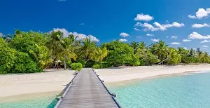 Amazing panorama at Maldives. Luxury resort villas seascape with palm trees, white sand and blue sky. Beautiful summer landscape. Amazing beach scenic