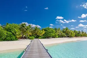 Amazing panorama at Maldives. Luxury resort villas seascape with palm trees, white sand and blue sky. Beautiful summer landscape. Amazing beach scenic