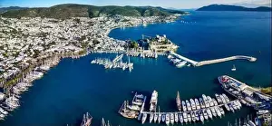 Halicarnassus Prints: Amazing panoramic view from drone of Bodrum harbour and ancient Kalesi castle