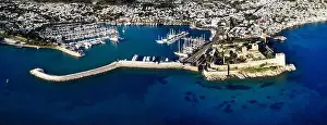 Amazing panoramic view from drone of Bodrum harbour and ancient Kalesi castle