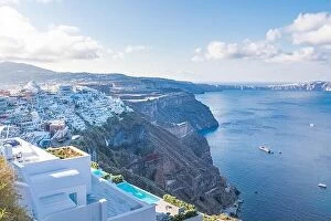 Images Dated 9th October 2019: Amazing relax sunset evening view of Santorini island. Vacation summer sunset on the famous Fira