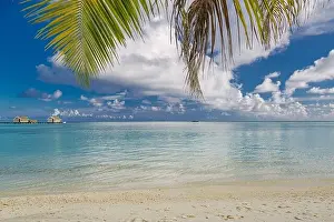 Amazing tropical banner, palm leaves over stunning seascape beach view with luxury water villas, Summer travel landscape, vacation holiday beachg