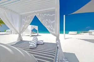 Sunbed Prints: Amazing tropical beach scene with white canopy and curtain for luxury summer relaxation concept