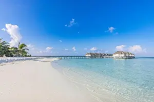 Amazing tropical Maldives resort hotel and island with beach sand and sea on sky holiday vacation background concept. Soft sunrise light palm trees