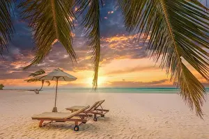 Palm Island Prints: Amazing vacation beach. Couple chairs on sandy beach seashore