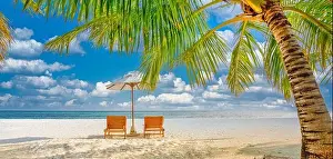 Amazing vacation beach. Couple chairs together by the sea banner. Summer romantic holiday honeymoon concept. Tropical island landscape. Tranquil shore
