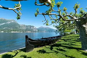 Como Lake Prints: Amazing view of garden with boat in Bellagio - Como lake in Italy