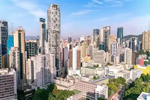 Tall Residence Prints: The amazing view of Hong-Kong cityscape full of skyscrapers from the rooftop