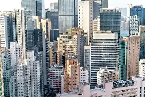 Tall Residence Prints: The amazing view of Hong-Kong cityscape full of skyscrapers from the rooftop