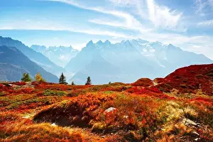 Amazing view on Monte Bianco mountains range with with Monblan on background. Vallon de Berard Nature Preserve, Chamonix, Graian Alps