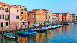 Architecture View Prints: Amazing view on morning Venice. Row of boats and glowing colourful houses. Italy, Europe