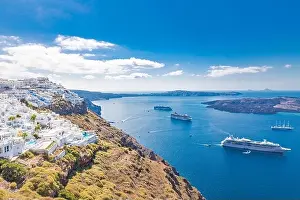 Amazing view of Santorini island. Picturesque summer on famous view resort Fira, Greece, Europe. Stunning sea bay, sky and cruise ships travel tourism