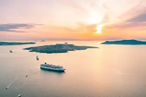 Amazing view of Santorini island. Picturesque summer on famous view resort Fira, Greece, Europe. Stunning sea bay, sky and cruise ships travel tourism