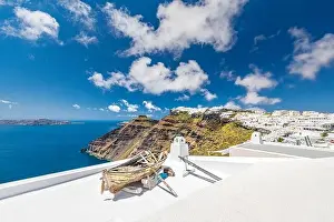 Amazing view of tourism destination Greece, Europe. Traveling concept background. White architecture, blue sea view summer vacation landscape banner