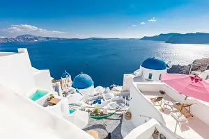 Amazingly beautiful travel landscape, summer scenery in Santorini, Greece. Blue sky and sea view with white architecture, inspirational vacation photo