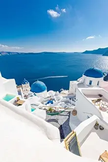 Amazingly beautiful travel landscape, summer scenery in Santorini, Greece. Blue sky and sea view with white architecture, inspirational vacation photo