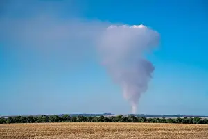 Destroy Prints: Amazon rainforest deforestation drone aerial view of fire at soybean farm in sunny day in Brazil