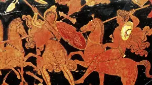 Riding Horse Prints: Amazon Warrior Woman Fights Greek Soldier