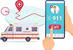 Urgency Prints: Ambulance service. Urgent 911 hospital emergency call vector concept