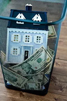 Hopelessness Prints: American dollar bills and model home in garbage can