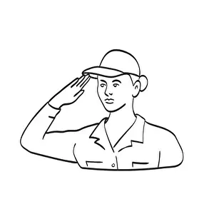 Saluting Prints: American Female Veteran Soldier or Military Personnel Saluting Line Art Drawing Black and White