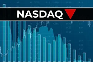 American financial market index Nasdaq Composite (ticker IXIC) on blue finance background from numbers