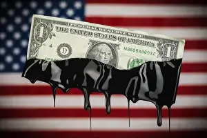American Flag Prints: American flag with US dollar bill dripping with crude oil showing the high cost of gas at the pump or the USA