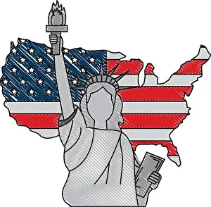 American Flag Prints: american flag in map with statue of liberty vector illustration