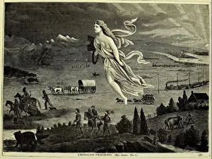Overland Prints: American Progress - an allegorical female figure of America leading pioneers westward