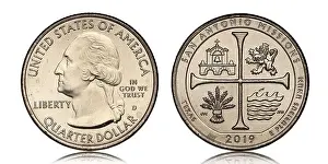american quarter dollar coin from 2019 on white background