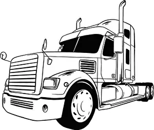 Black Vector Vectors Prints: American Truck Trailer black and white illustration isolated on white