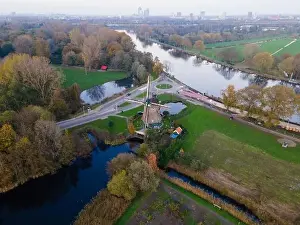 Dike Prints: Amsterdam, The Netherlands, 8th November 2020 Riekermolen near the Amstelpark old dutch windmill aerial