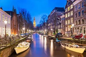 Amstel Prints: Amsterdam, Netherlands cityscape on the canals with Zuiderkerk