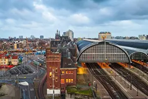 Old Tower Prints: Amsterdam, Netherlands cityscape over looking Amsterdam Centraal station
