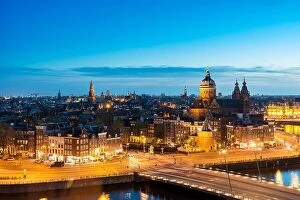Images Dated 3rd May 2016: Amsterdam skyline in historical area at night, Netherlands. Ariel view of Amsterdam, Netherlands