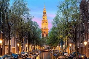 Images Dated 2nd May 2016: Amsterdam Zuiderkerk church tower at the end of a canal in the city of Amsterdam