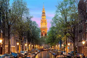 Dutch Prints: Amsterdam Zuiderkerk church tower at the end of a canal in the city of Amsterdam