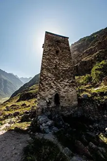 Caucasus Prints: Ancestral tower. The village Upper Balkaria in the Caucasus mountains in Kabardino-Balkaria