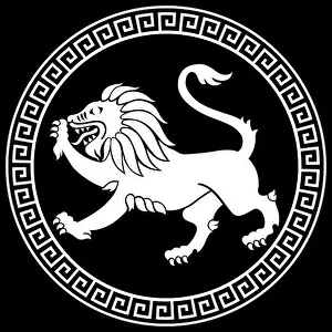 Hellas Prints: Ancient Greek design. The image of a lion in the ancient Greek style on the shield of a warrior