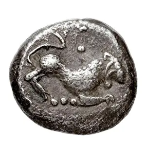 5th Century Bc Prints: A ancient Greek drachma coin from Macedonia, dated to around 500 BC, made of silver