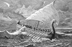 Merchant Prints: Ancient Greek merchant ship, 350 BC, woodcut from the year 1880