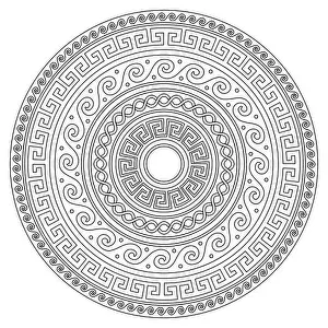 Naive Prints: Ancient Greek round key mandala pattern with stroke - meander art in black and white perfect for adults coloring book