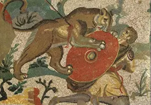 Lioness Prints: Ancient mosaics hunting scene: Fallen hunter reached by the lioness