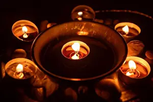 Occult Prints: Ancient pentagram burning at altar close up