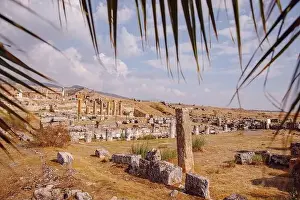 Amphitheater Prints: Ancient ruins of Amphitheater in Hierapolis city in Pamukkale Turkey sunset