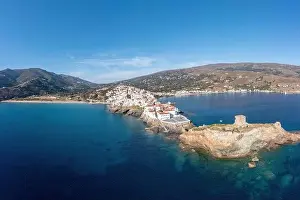 Roof Tiles Prints: Andros Island, Greece. Traditional tiled roof buildings on cape