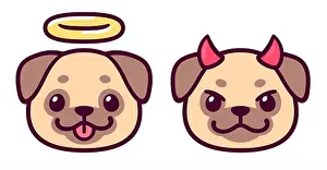 Satan Prints: Angel and devil pug dog face, cute cartoon drawing