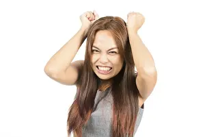 Disorder Prints: An angry, annoyed Asian girl in gray with light brown hair