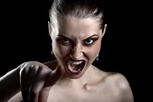 Multicultural Prints: angry beautiful woman point at camera screaming