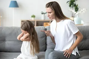 Preschooler Prints: Angry mother scolding stubborn kid closing ears not listening